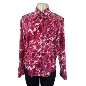 Ninety Womens Paisley Button-Up Shirt Pink & Red Long Sleeve Blouse Sz M